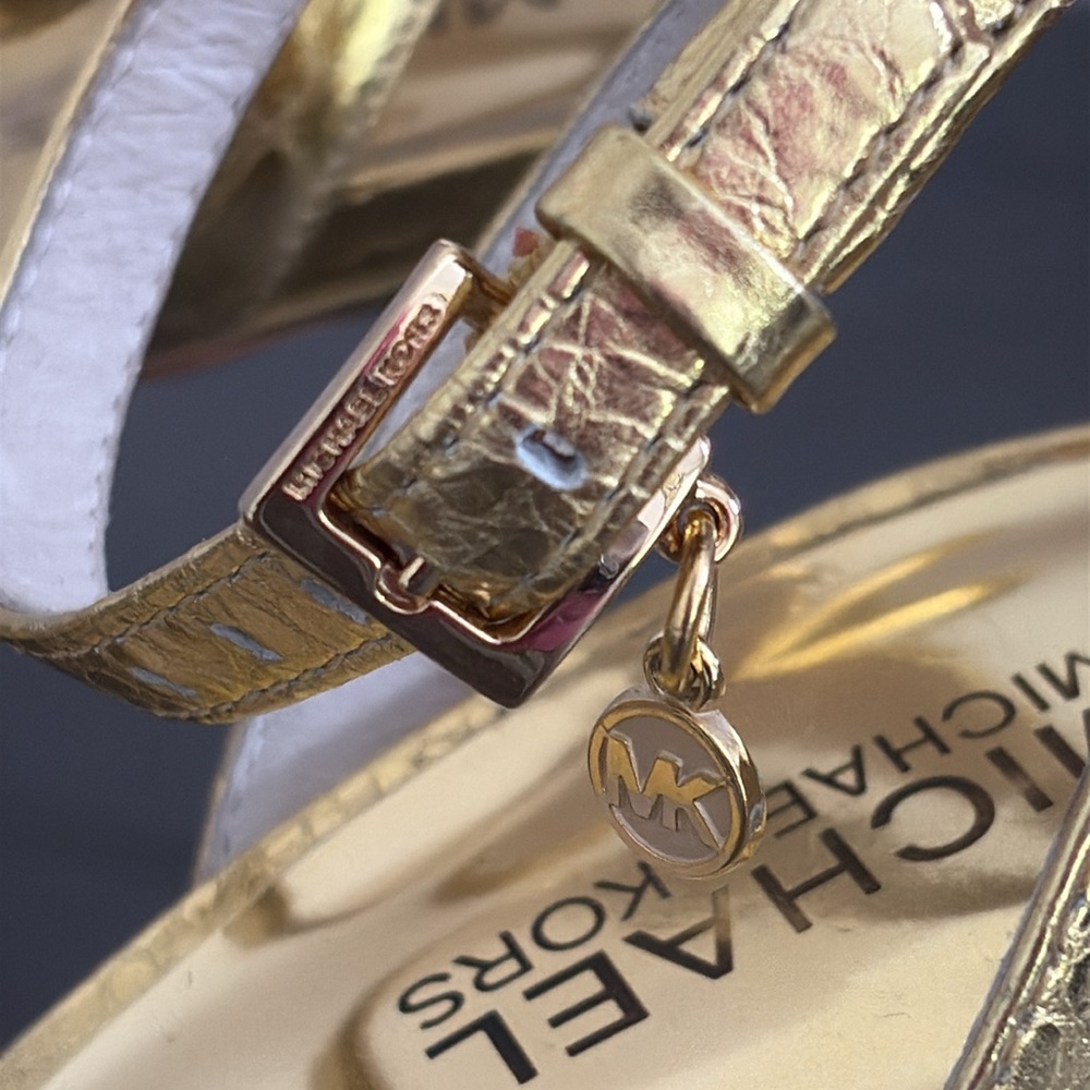 Michael Kors Livvy Ankle Heeled Sandals Strappy Metallic‎ Leather Gold Size 7.5 - Picture 4 of 14